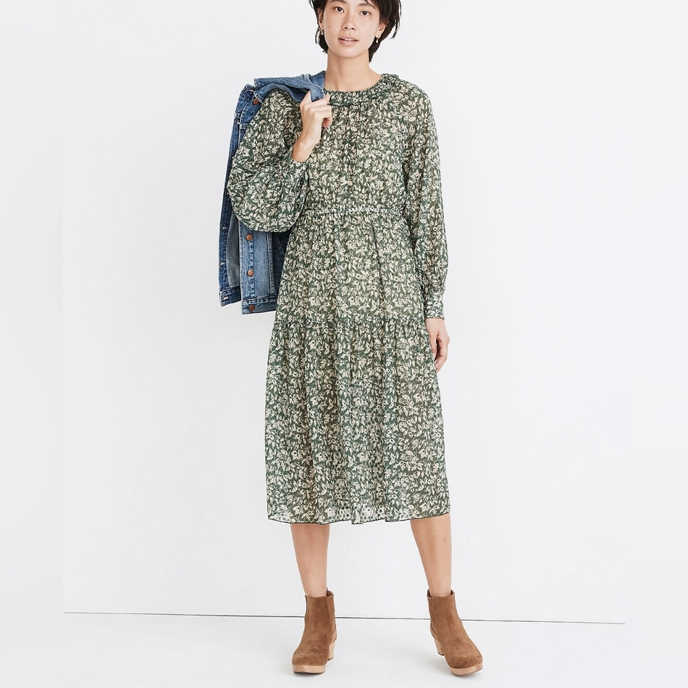 Madewell Ruffle-Neck MIDI Dress Forest Leaves size medium NEW